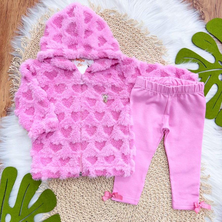 Conj. Jaqueta de Pelinho de Corações e Calça Legging - Pink